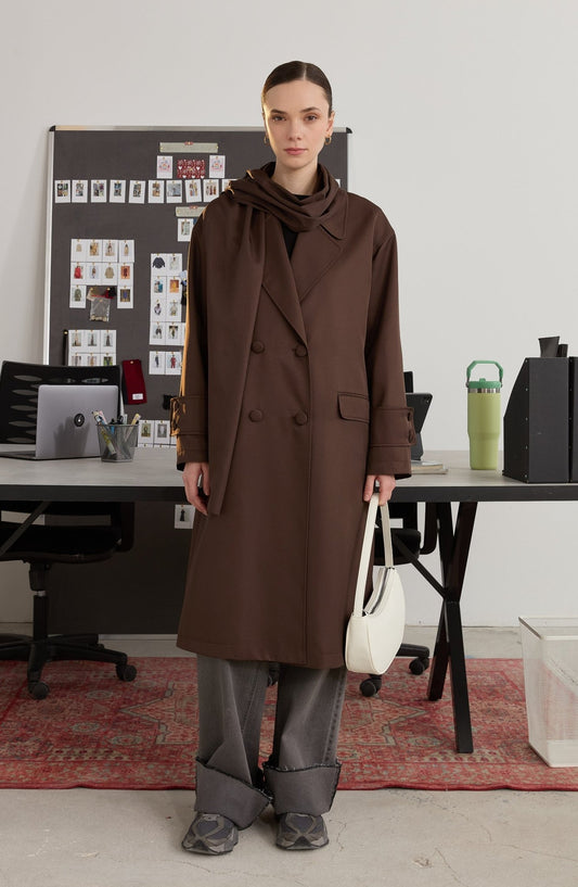 Oversize Kahve Atkılı Trençkot - Fatma Atasoy