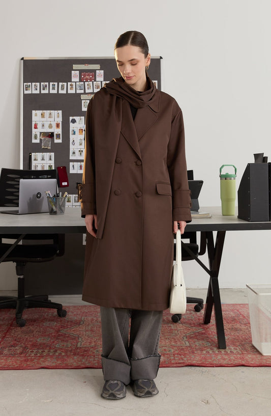 Oversize Kahve Atkılı Trençkot - Fatma Atasoy