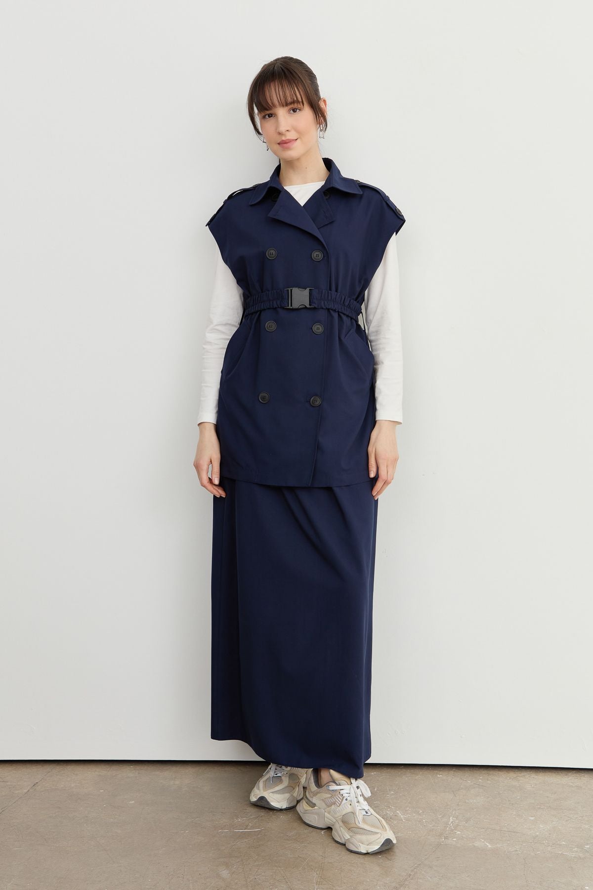 Oversize Kemerli Midi Yelek Lacivert - Fatma Atasoy