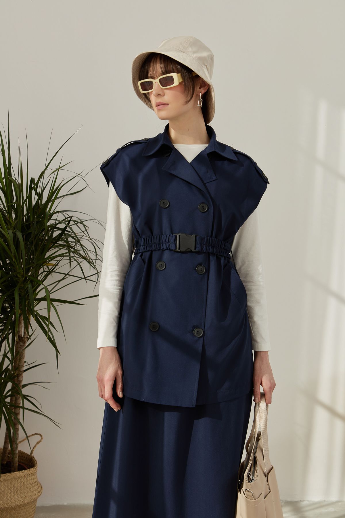 Oversize Kemerli Midi Yelek Lacivert - Fatma Atasoy