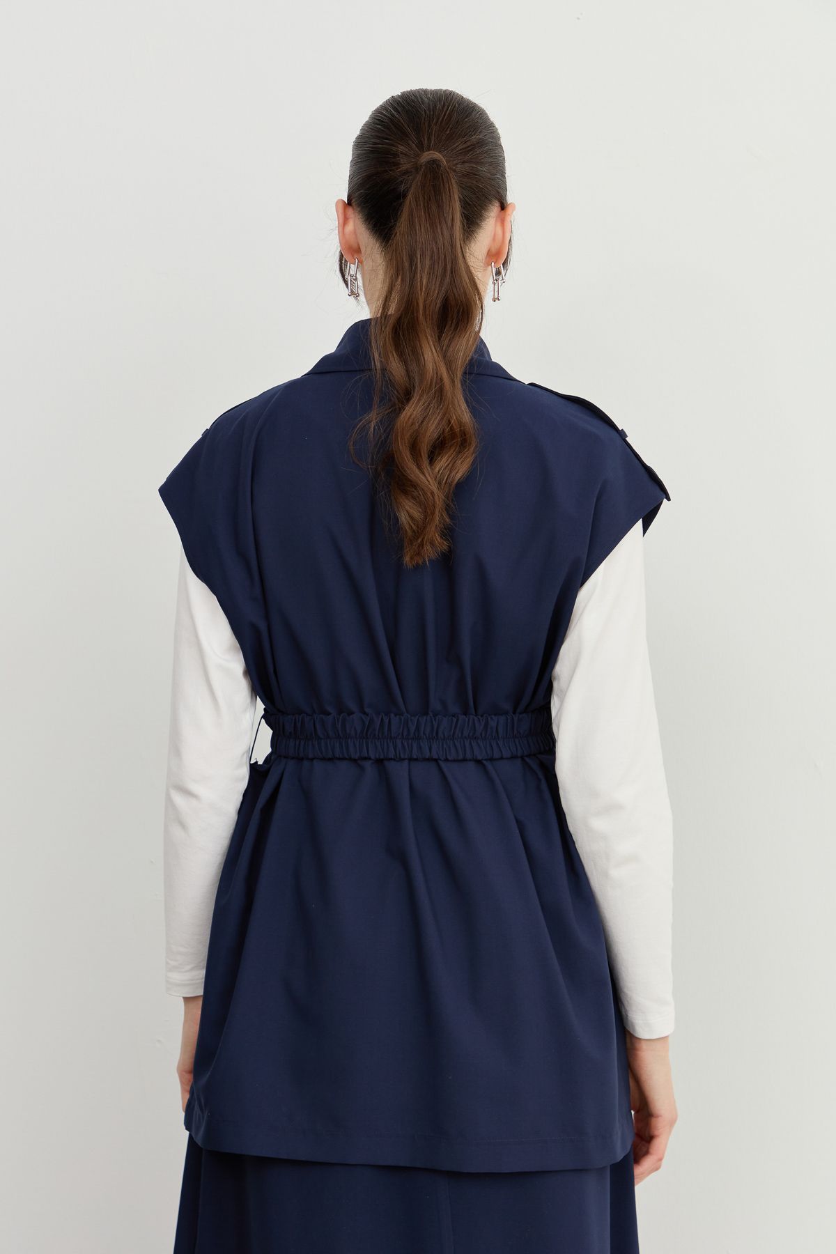 Oversize Kemerli Midi Yelek Lacivert - Fatma Atasoy