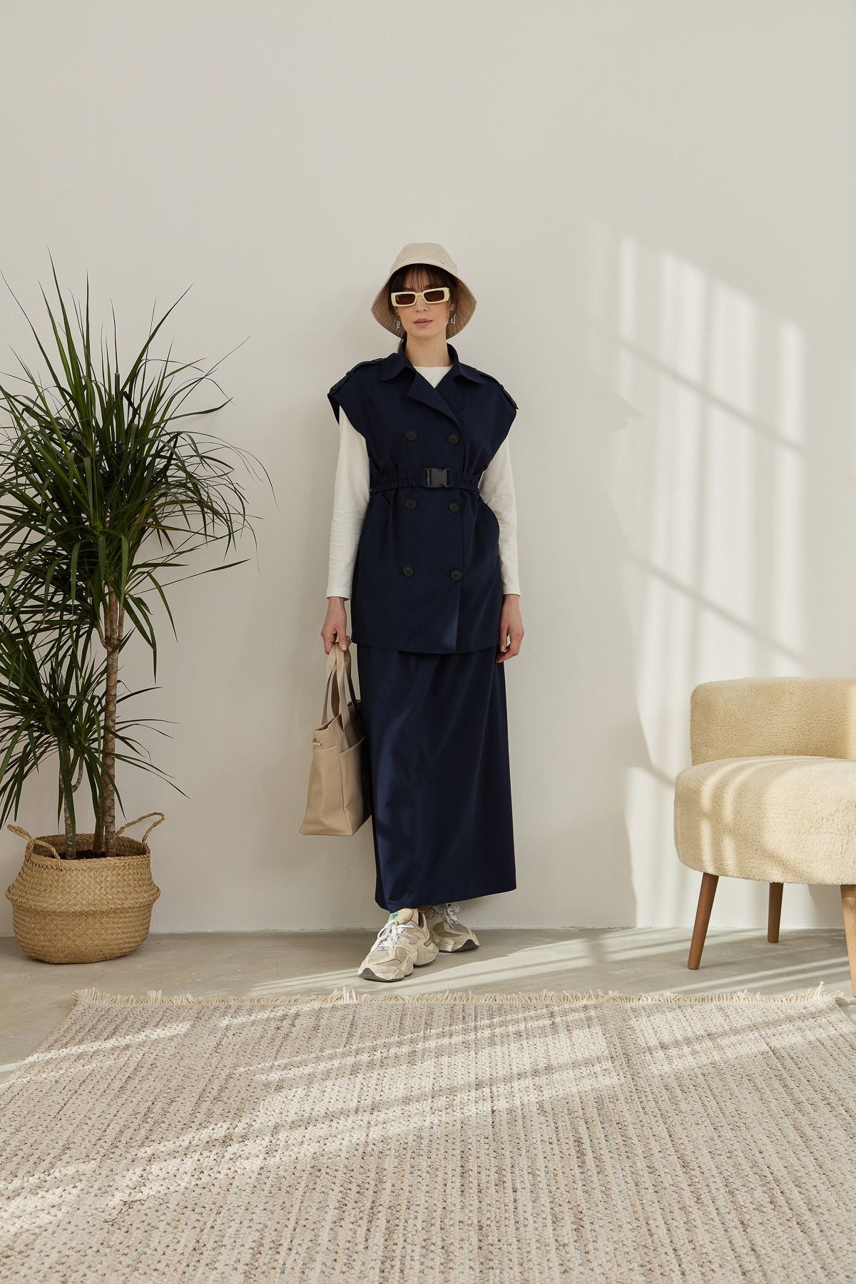 Oversize Kemerli Midi Yelek Lacivert - Fatma Atasoy