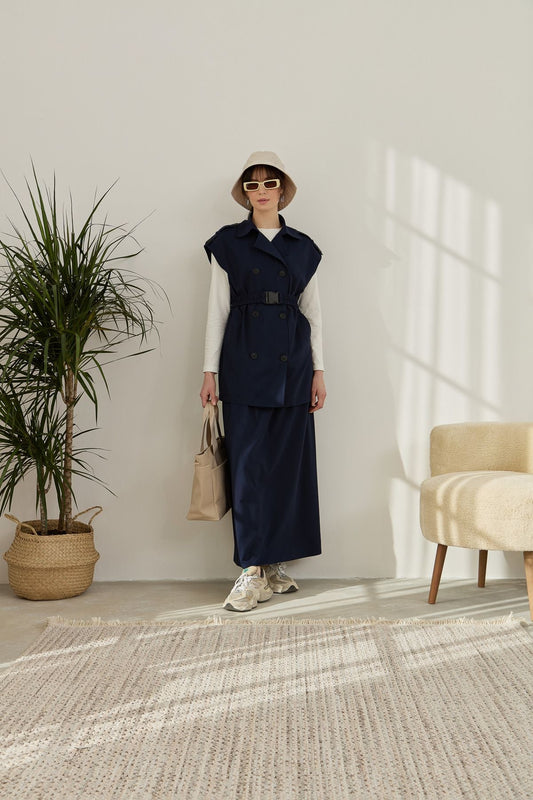 Oversize Kemerli Midi Yelek Lacivert - Fatma Atasoy