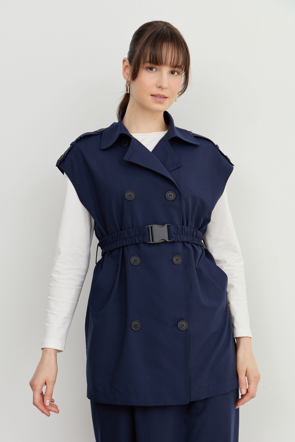 Oversize Kemerli Midi Yelek Lacivert - Fatma Atasoy