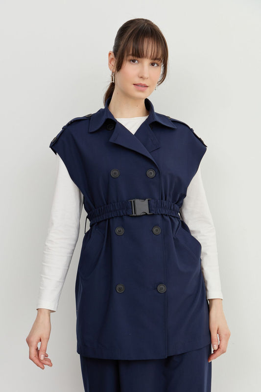 Oversize Kemerli Midi Yelek Lacivert - Fatma Atasoy