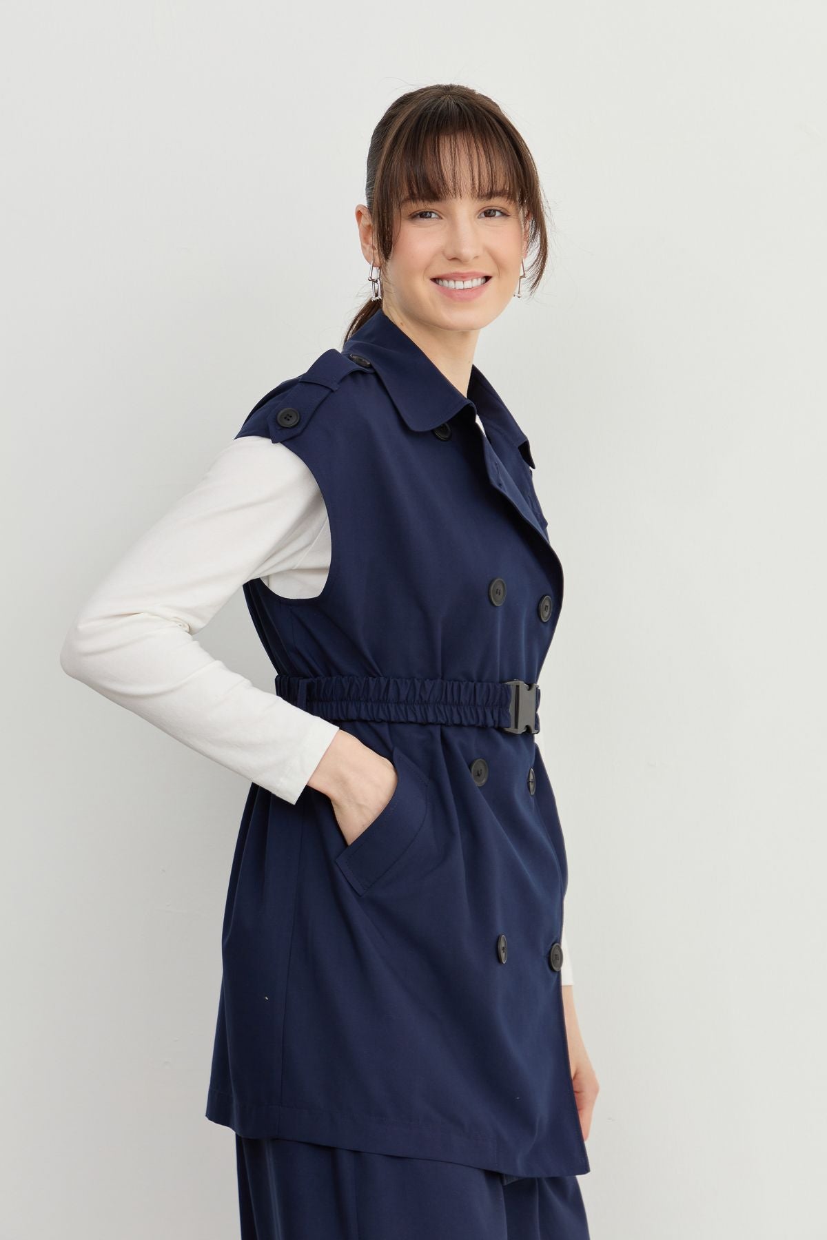 Oversize Kemerli Midi Yelek Lacivert - Fatma Atasoy