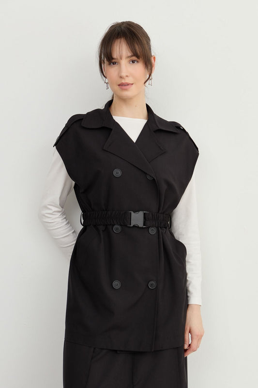 Oversize Kemerli Midi Yelek Siyah - Fatma Atasoy