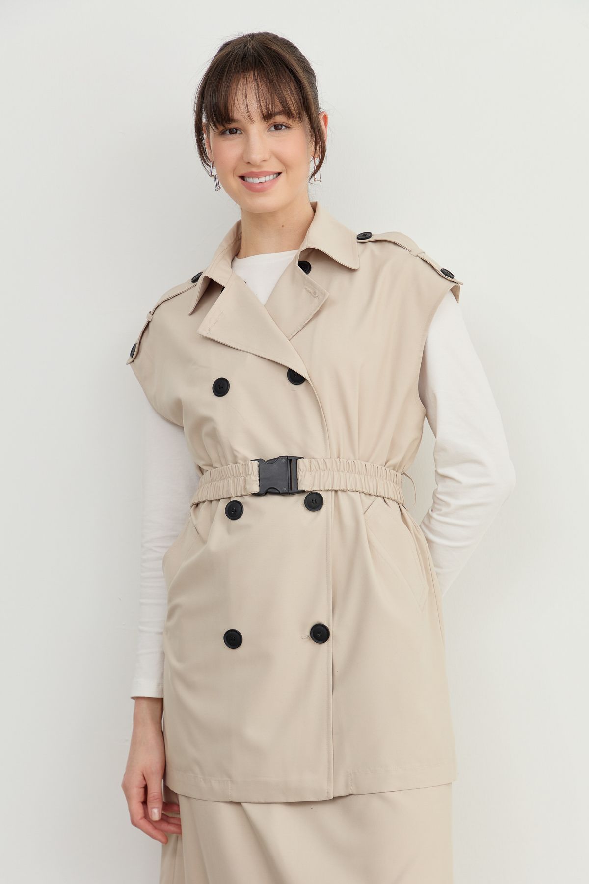Oversize Kemerli Midi Yelek Taş - Fatma Atasoy