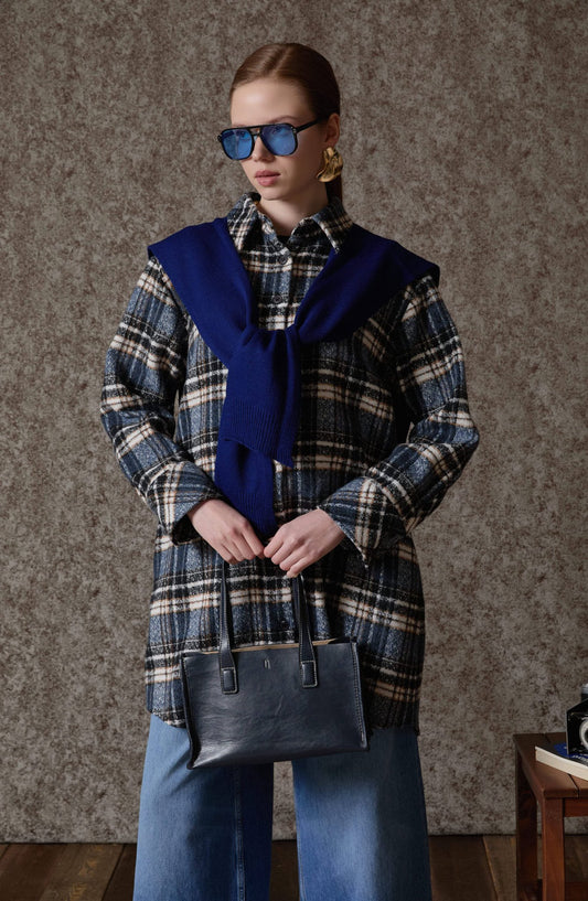 Oversize Lacivert Ekose Kaşe Gömlek Ceket - Fatma Atasoy