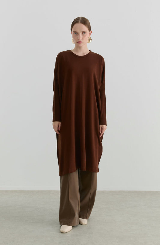 Oversize Maksi Kahverengi Triko Tunik - Fatma Atasoy