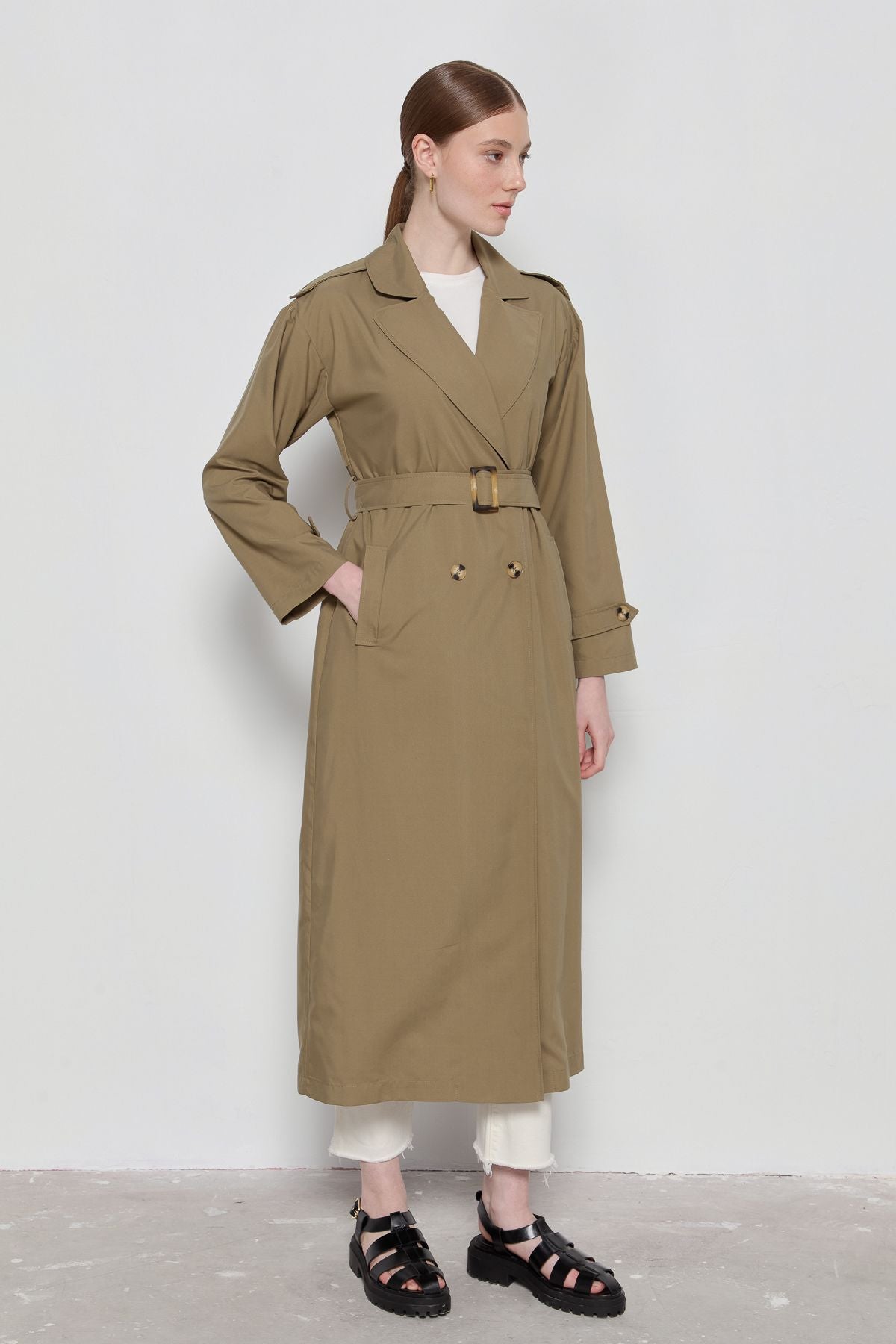 Oversize Maksi Trençkot Haki - Fatma Atasoy
