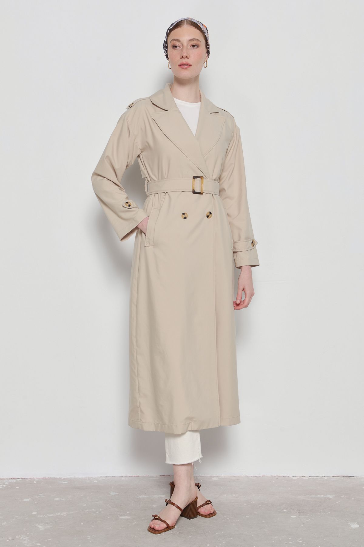 Oversize Maksi Trençkot Taş - Fatma Atasoy