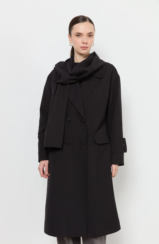 Oversize Siyah Atkılı Trençkot - Fatma Atasoy