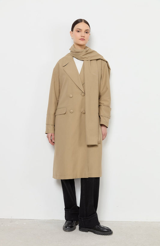 Oversize Sütlü Kahve Atkılı Trençkot - Fatma Atasoy