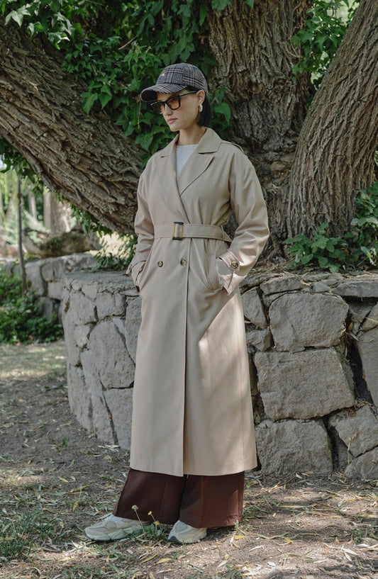 Oversize Sütlü Kahve Maksi Trençkot - Fatma Atasoy