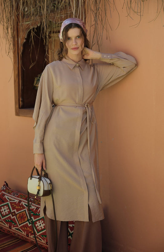 Pelerinli Maksi Sütlü Kahve Tunik - Fatma Atasoy