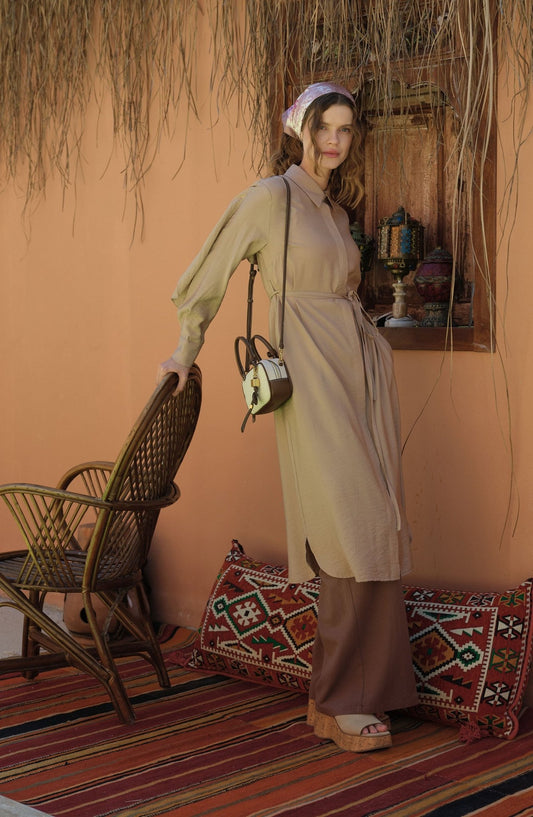 Pelerinli Maksi Sütlü Kahve Tunik - Fatma Atasoy