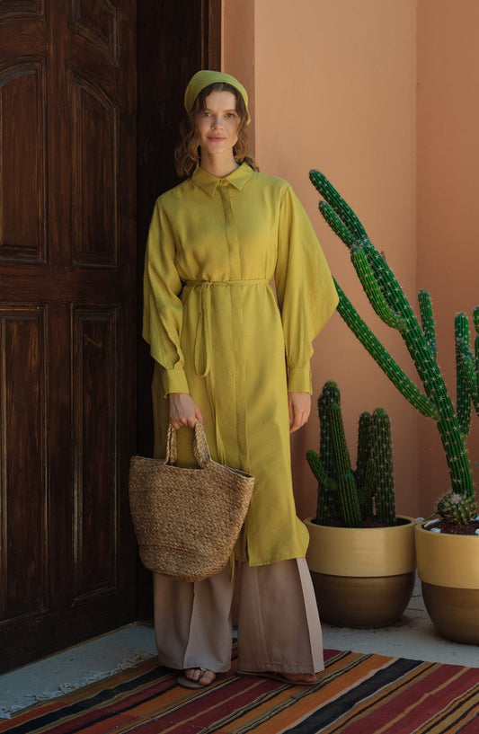 Pelerinli Maksi Yağ Yeşili Tunik - Fatma Atasoy