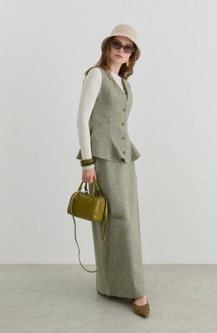 Peplumlu Haki Tüvit Yelek Etek Takım - Fatma Atasoy