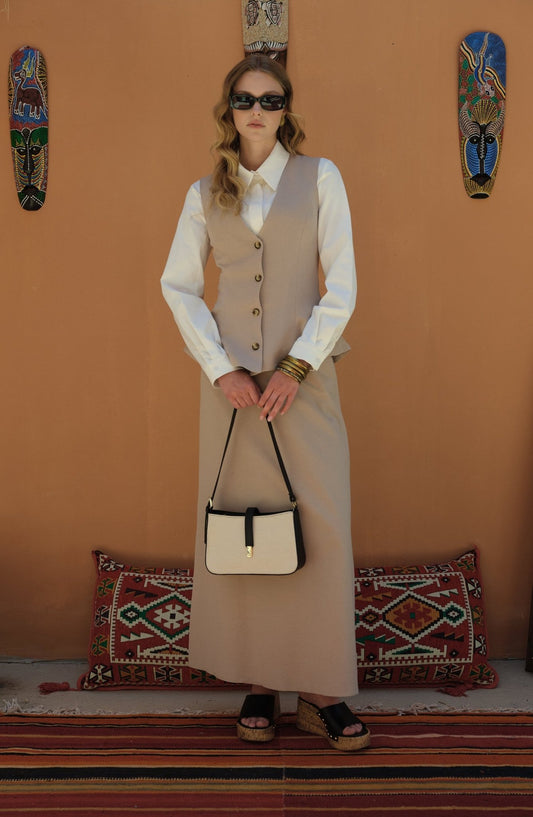 Peplumlu Keten Taş Yelek Etek Takım - Fatma Atasoy