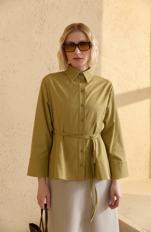 Peplumlu Yağ Yeşili Pamuk Gömlek - Fatma Atasoy