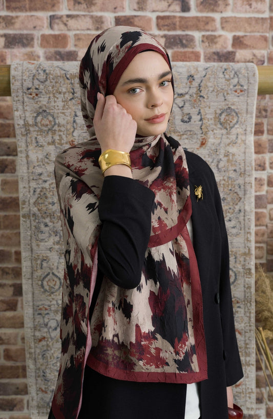 Pigmentia Desenli Siyah Bordo Crash Şal - Fatma Atasoy