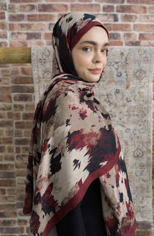 Pigmentia Desenli Siyah Bordo Crash Şal - Fatma Atasoy