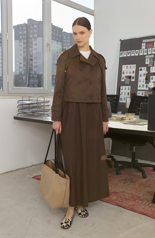 Pileli Acı Kahve Trenç Etek - Fatma Atasoy