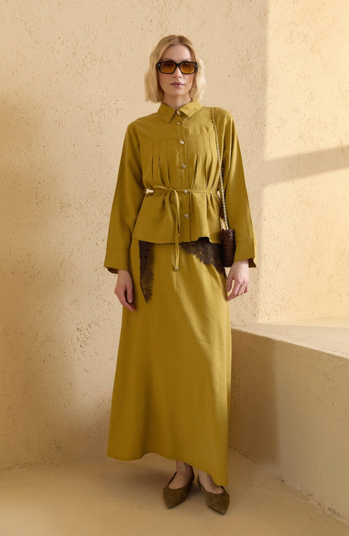 Pileli Hardal Soft Touch Tensel Etekli İkili Takım - Fatma Atasoy