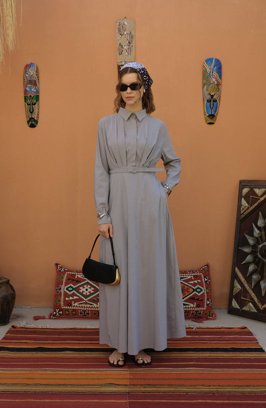 Pileli Kaplama Kemerli Gri Pamuk Elbise - Fatma Atasoy