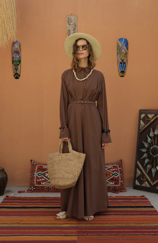 Pileli Kaplama Kemerli Kahverengi Pamuk Elbise - Fatma Atasoy