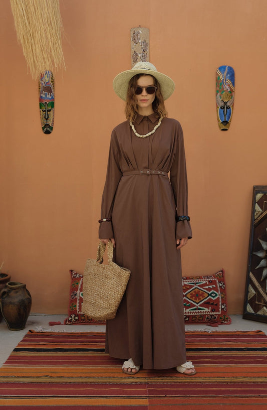 Pileli Kaplama Kemerli Kahverengi Pamuk Elbise - Fatma Atasoy