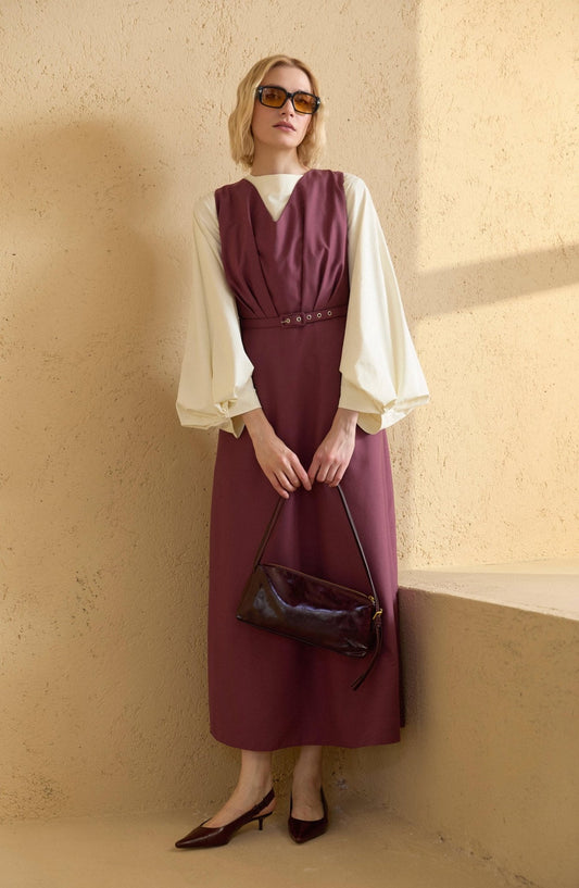 Pileli Kaplama Kemerli Mürdüm Jile - Fatma Atasoy