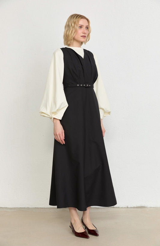 Pileli Kaplama Kemerli Siyah Jile - Fatma Atasoy