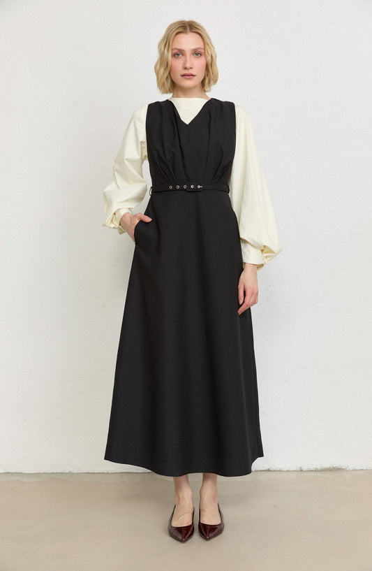 Pileli Kaplama Kemerli Siyah Jile - Fatma Atasoy