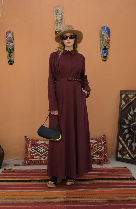 Pileli Kaplama Kemerli Vişne Pamuk Elbise - Fatma Atasoy