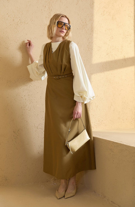 Pileli Kaplama Kemerli Yağ Yeşili Jile - Fatma Atasoy