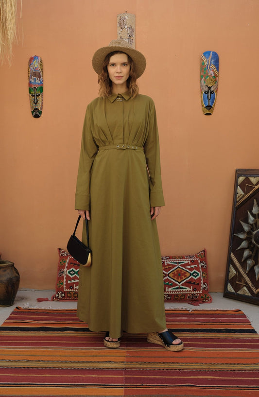 Pileli Kaplama Kemerli Yağ Yeşili Pamuk Elbise - Fatma Atasoy