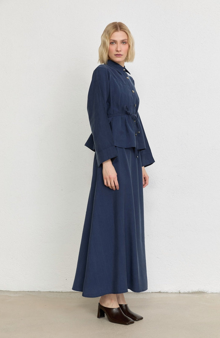 Pileli Lacivert Soft Touch Tensel Etekli İkili Takım - Fatma Atasoy