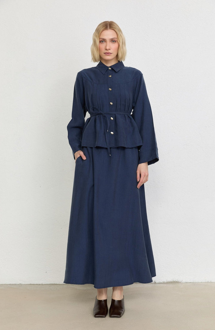 Pileli Lacivert Soft Touch Tensel Etekli İkili Takım - Fatma Atasoy