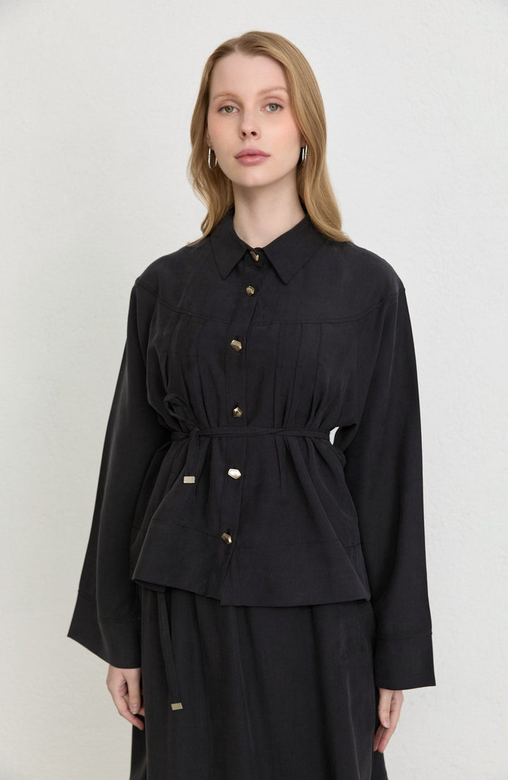 Pileli Siyah Soft Touch Tensel Etekli İkili Takım - Fatma Atasoy