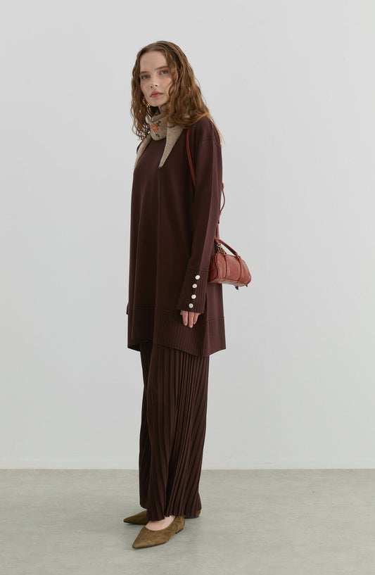 Piliseli Pantolonlu Acı Kahve Merserize Triko İkili Takım - Fatma Atasoy