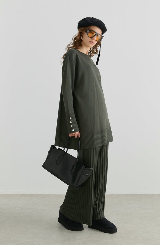 Piliseli Pantolonlu Haki Merserize Triko İkili Takım - Fatma Atasoy