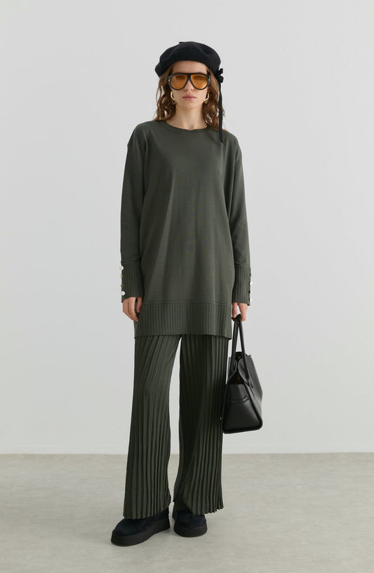 Piliseli Pantolonlu Haki Merserize Triko İkili Takım - Fatma Atasoy