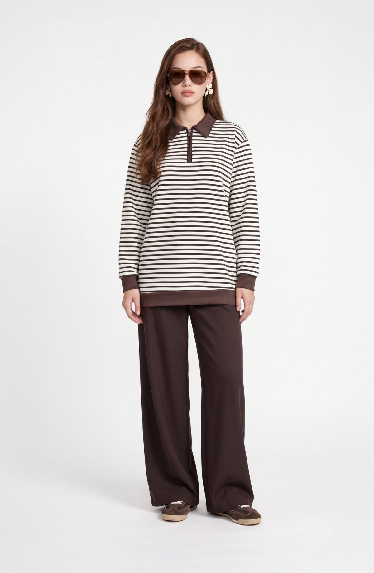 Polo Yaka Fermuarlı Kahverengi Çizgili Sweatshirt - Fatma Atasoy