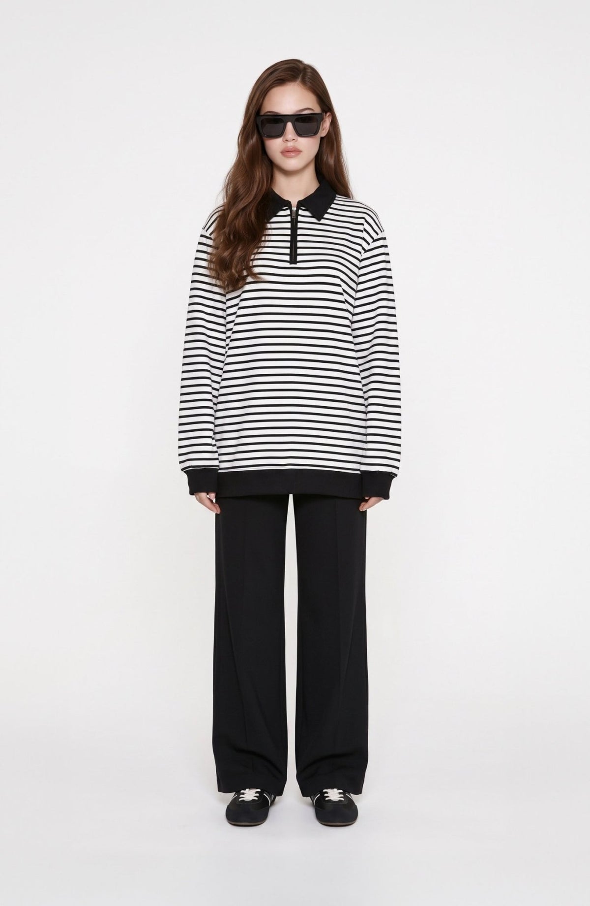 Polo Yaka Fermuarlı Siyah Çizgili Sweatshirt - Fatma Atasoy