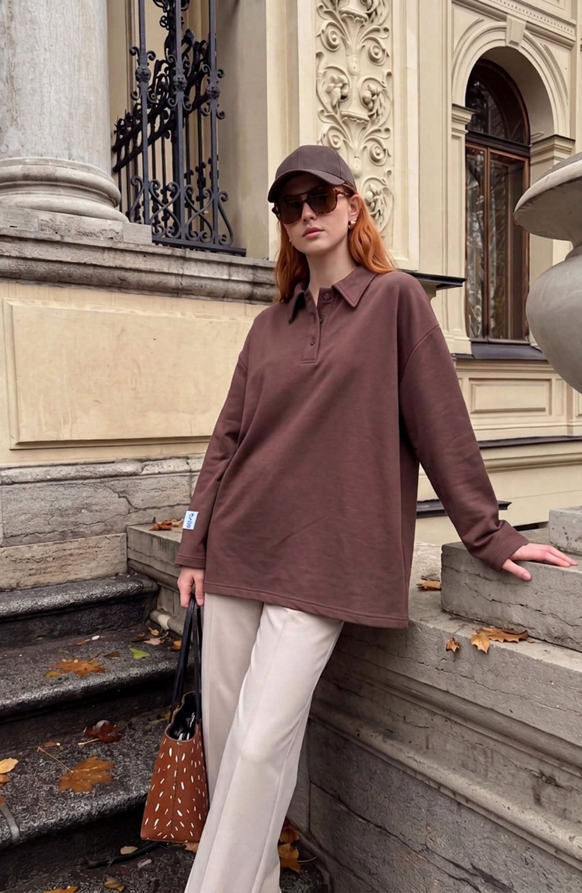 Polo Yaka Viskon Kahverengi Sweatshirt - Fatma Atasoy