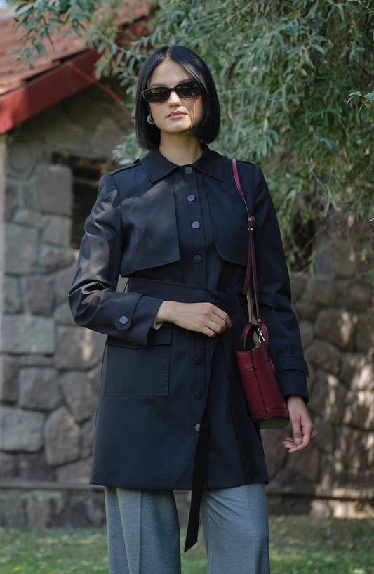 Premium Rüzgarlıklı Siyah Midi Trenç Ceket - Fatma Atasoy