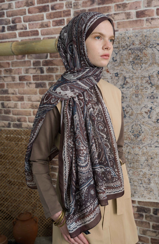 Presya Kahverengi Etnik Desenli Şal - Fatma Atasoy