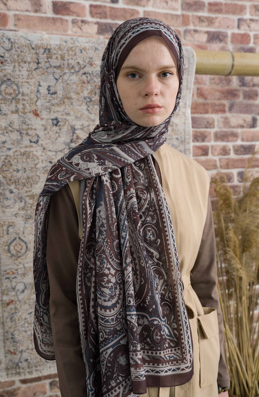 Presya Kahverengi Etnik Desenli Şal - Fatma Atasoy
